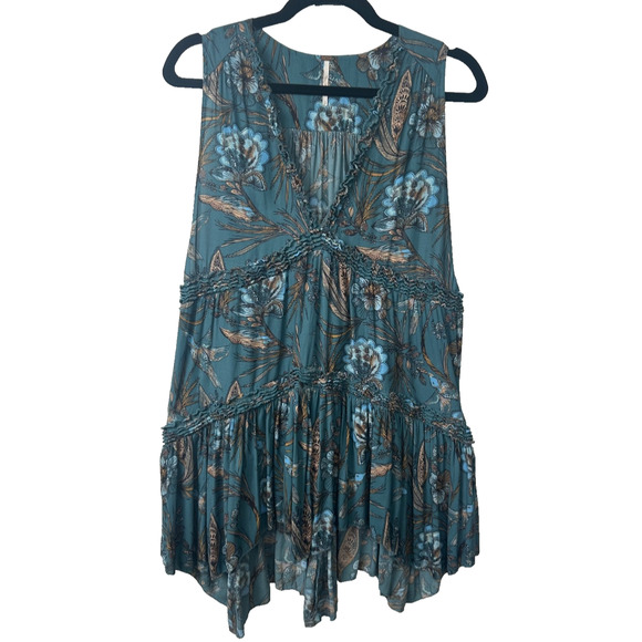 FREE PEOPLE S Purple HAZE Romantic Floral Tier Plunge Boho Tunic Dress Top A38 - Picture 1 of 8